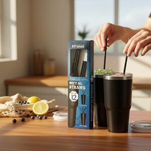Hiware Black Metal Straws 12pk Stainless Steel 8.5-10.5in Reusable New